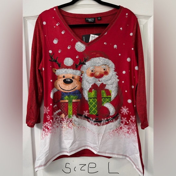 Onque Casual Santa and Reindeer Christmas Top w/ Sparkling Embellishments - Picture 8 of 15